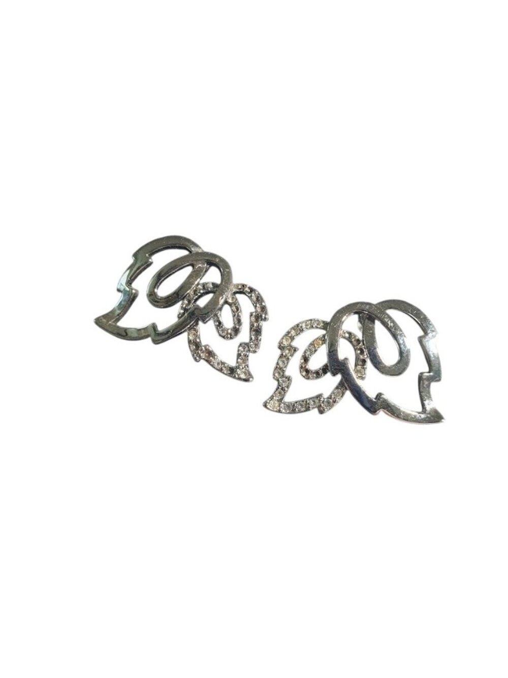 Silver Tone Rhinestone Abstract Leaf Shaped Stud Earrings Lightweight Sparkling